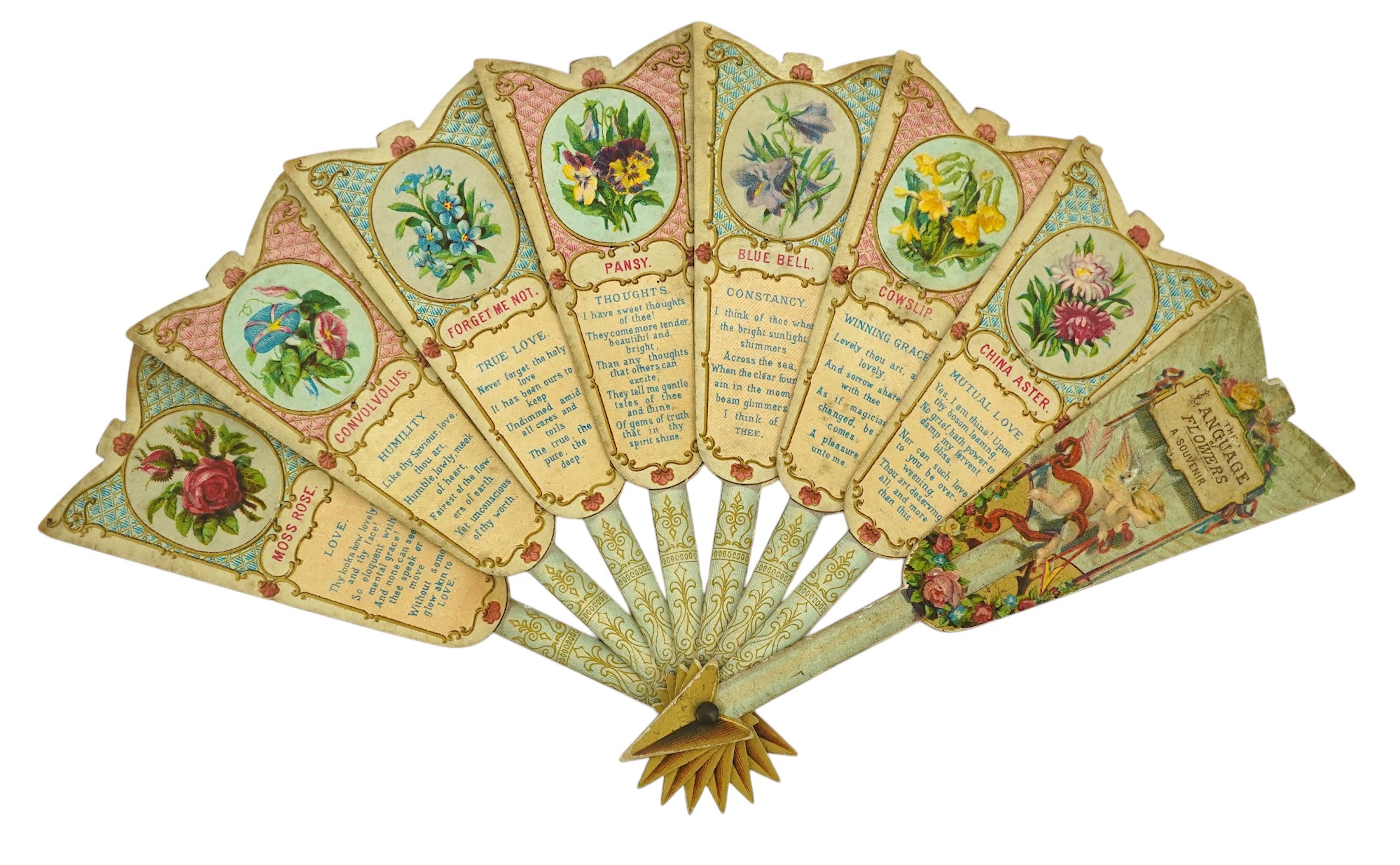 Three novelty fans with a mixed Brussels lace fan and black lace fan, a small language of love in flowers fan, a paper windmill advertising French Café fan, a carved cream Bakelite fan, a black and gilt, lace and sequin